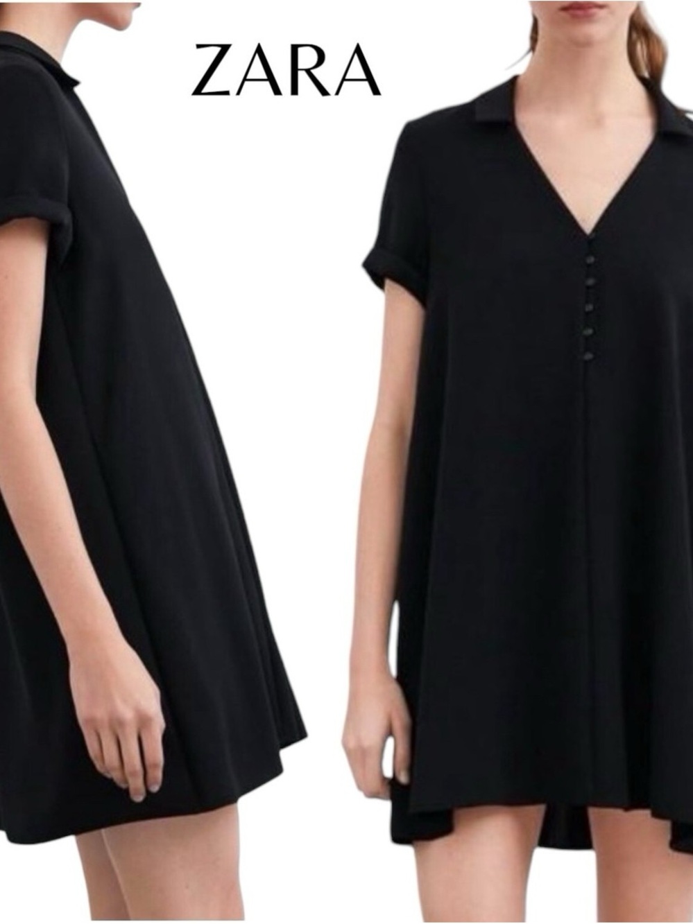 Zara Classic Black Short-Sleeve V-Neck Dress medium flowy front buttons unlined